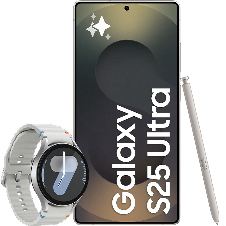 Svart Samsung Galaxy S25 Ultra med text på skärmen, visad tillsammans med en pekpenna och silverfärgad Samsung Galaxy Watch7 med rund urtavla.
