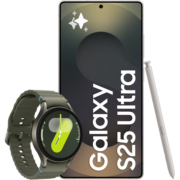 Svart Samsung Galaxy S25 Ultra med text på skärmen, visad tillsammans med en pekpenna och grön Samsung Galaxy Watch7 med rund urtavla.