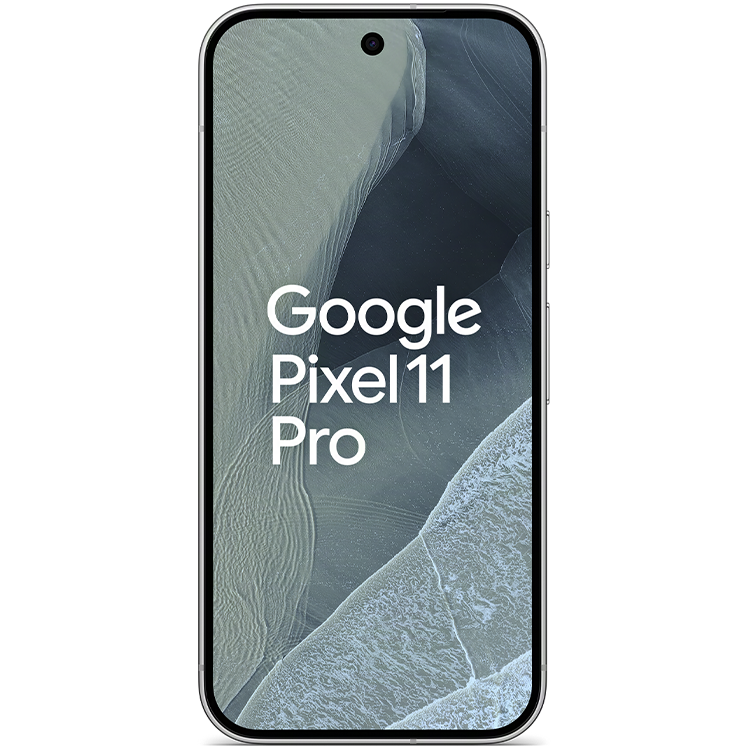 Google Pixel 11 Pro smartphone framifrån med blå skärmbakgrund och svart ram, texten "Google Pixel 11 Pro" visas på skärmen.