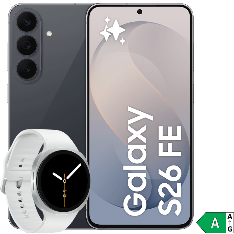 Samsung Galaxy S26 FE smartphone i svart färg visad framifrån och bakifrån, tillsammans med en vit Galaxy Watch.
