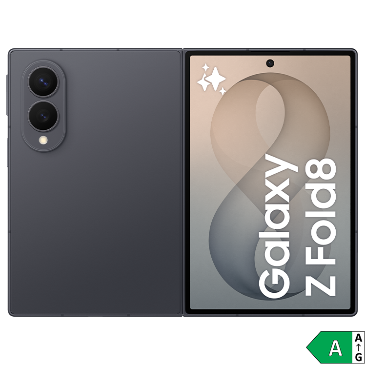 Samsung Galaxy Z Fold8 vikbar smartphone, öppen med stor skärm och energiklass A-märkning.
