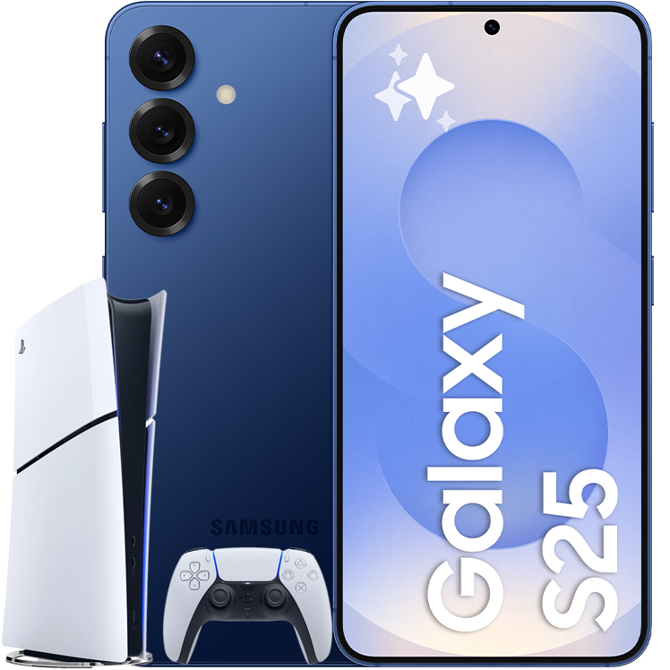 En marinblå Samsung Galaxy S25 med tre kameror bredvid en PlayStation 5-konsol med handkontroll.
