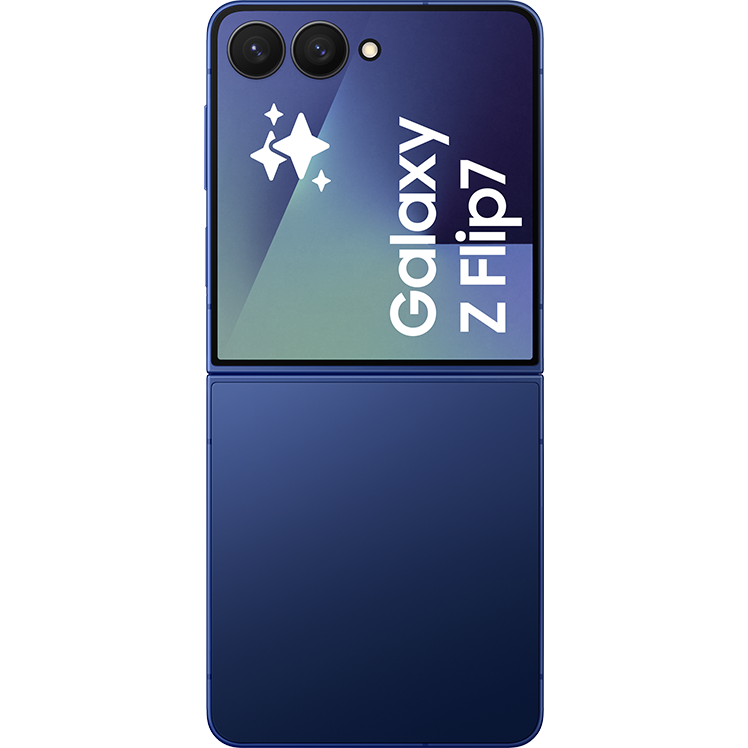Blå Samsung Galaxy Z Flip7 vikbar smartphone med dubbla kameror och stjärndekorationer på skärmen.