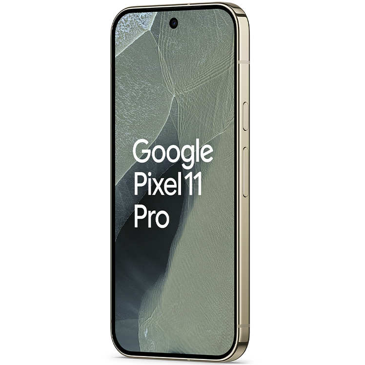 Google Pixel 11 Pro smartphone i grön färg, sedd framifrån i vinkel med skärmen tänd.