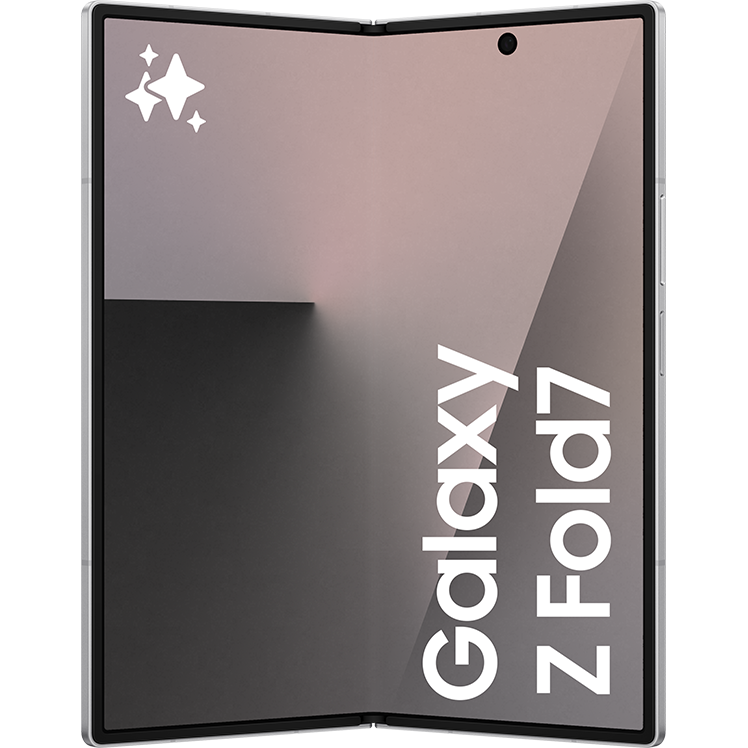 Samsung Galaxy Z Fold7 i silver, nästan helt uppvikt med inre skärm aktiv, visad framifrån.
