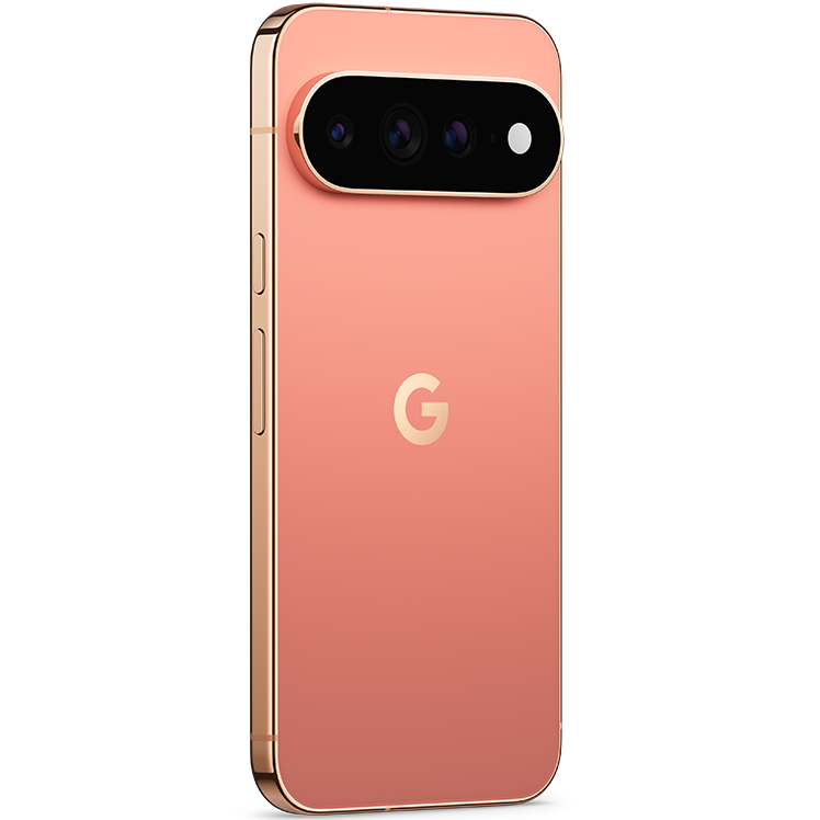 Google Pixel 11 Pro XL i rosa färg, baksidesvy med trippelkamera och roséfärgad ram.