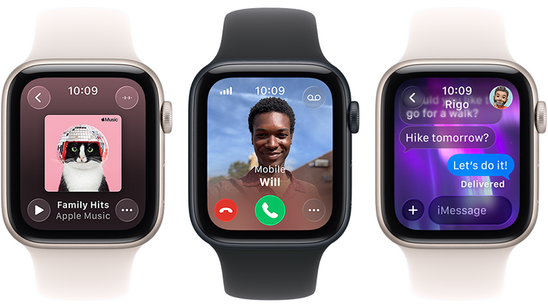 Tre Apple Watch med olika skärmar: musikspelare, inkommande samtal och meddelandekonversation om en vandring.