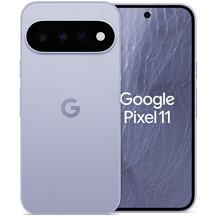 Google Pixel 11 smartphone i ljusblått, visad från bak- och framsidan med trippelkamera och Google-logotyp.