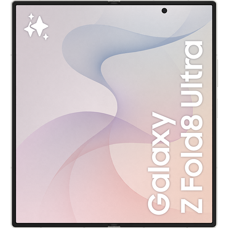 Samsung Galaxy Z Fold8 ultra vikbar smartphone sedd framifrån, öppnad i surfplatteläge med grå och beige skärm.