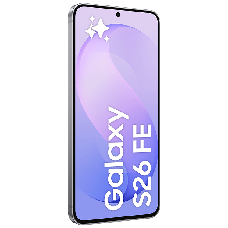 Samsung Galaxy S26 FE smartphone i lila färg, visad framifrån med en lila gradient på skärmen.