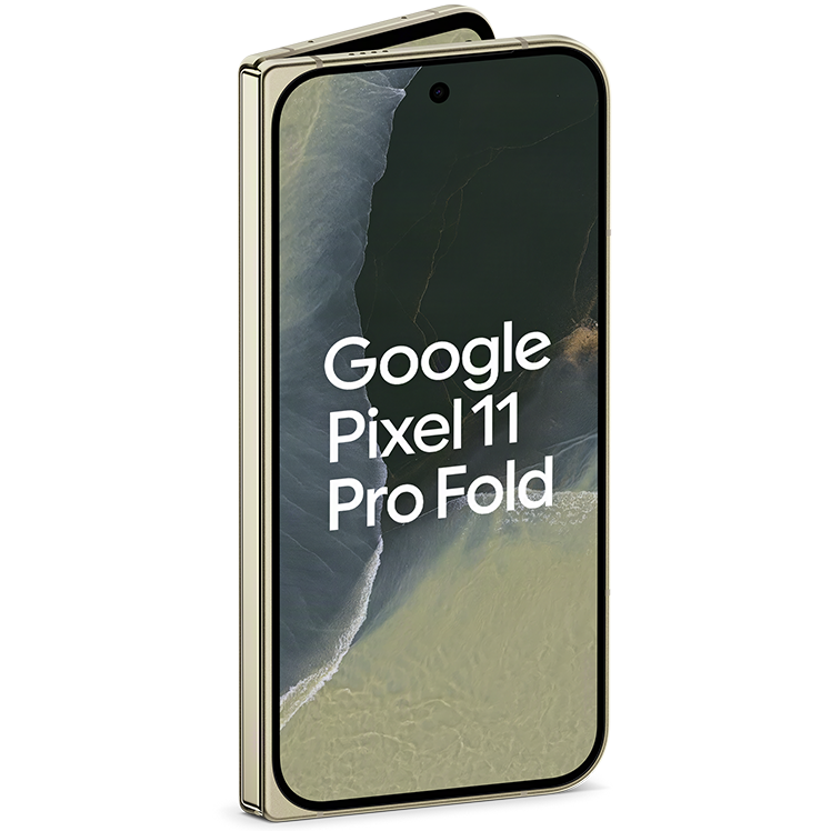 Google Pixel 11 Pro Fold i grön färg, visad framifrån med en kustvy på skärmen.