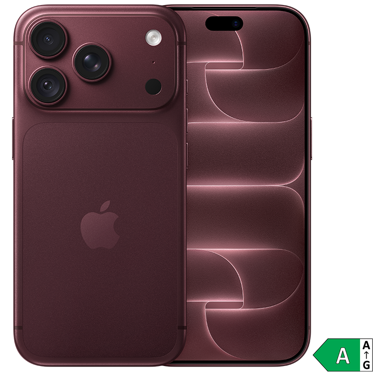 Apple iPhone 18 Pro i burgundy, visad från bak- och framsidan med trippelkamera och energiklass A-märkning.