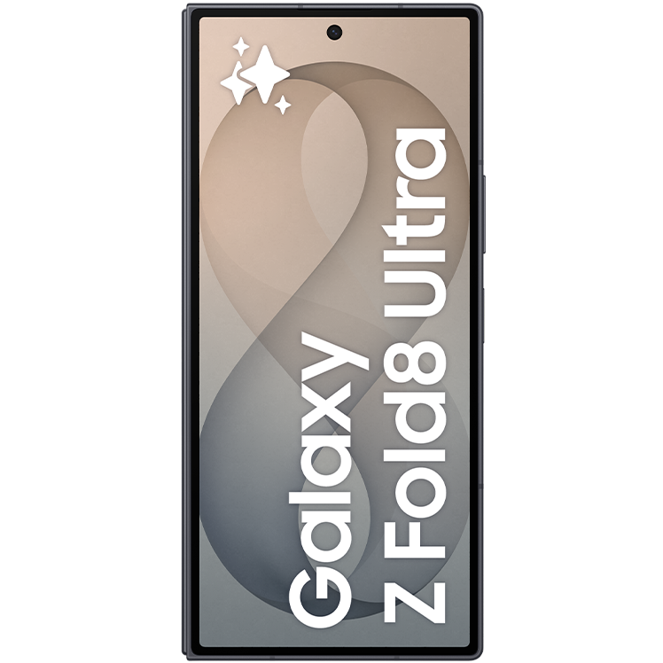 Samsung Galaxy Z Fold8 Ultra sedd framifrån med mjukt grå och beige bakgrund och vit text på skärmen.
