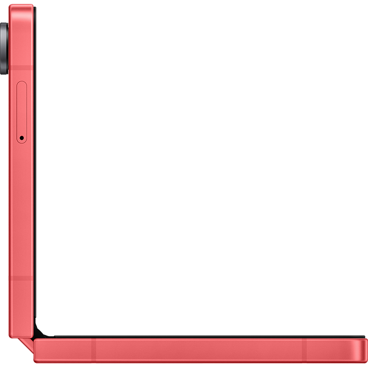 Närbild på hörnet av en röd Samsung Galaxy Z Flip7, som visar dess tunna profil och kanter.