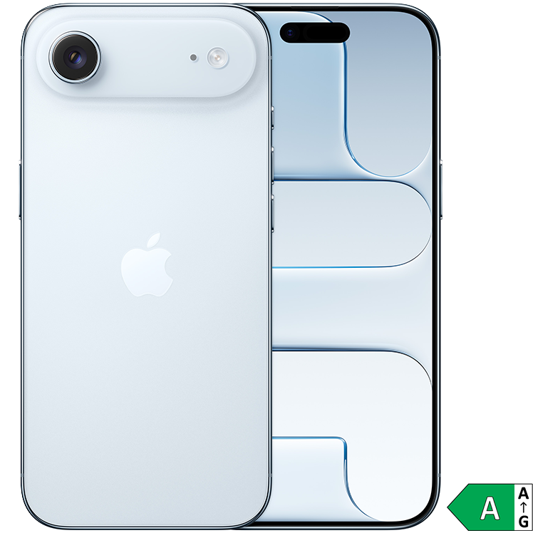 Ljusblå iPhone Air med dubbla kameror på baksidan, Apples logotyp och en abstrakt designad skärm bredvid. Energiklass A.