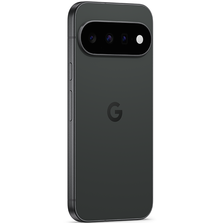 Google Pixel 11 i svart färg, baksidesvy med trippelkamera och Google-logotyp synlig.