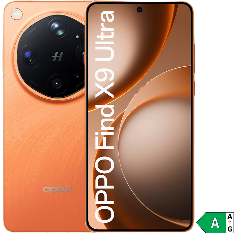 OPPO Find X9 Ultra i orange, framsida med centrerad kamera och orange baksida. EU-energimärkning klass A 