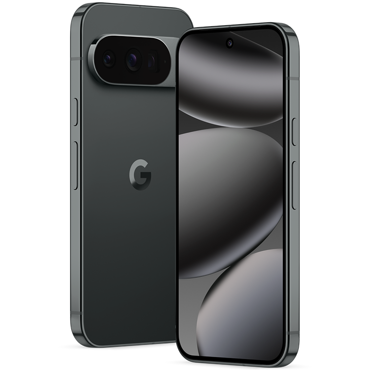Fram- och baksida på svart Google Pixel 10 pro med trippelkamera på baksidan och G-logotyp. Skärmen visar mjuka mörkgråa vågor.