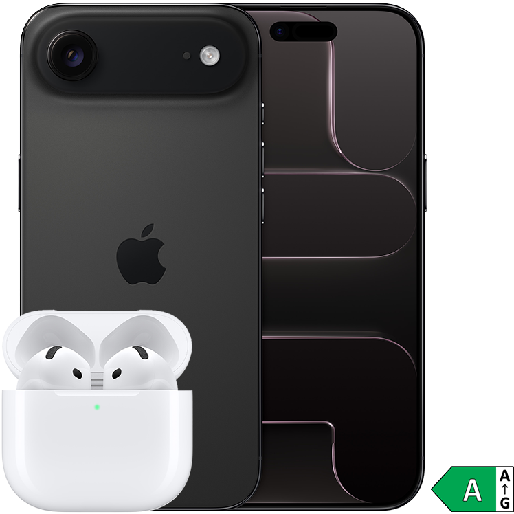 Fram- och baksida på svart iPhone Air med AirPods 4 framför