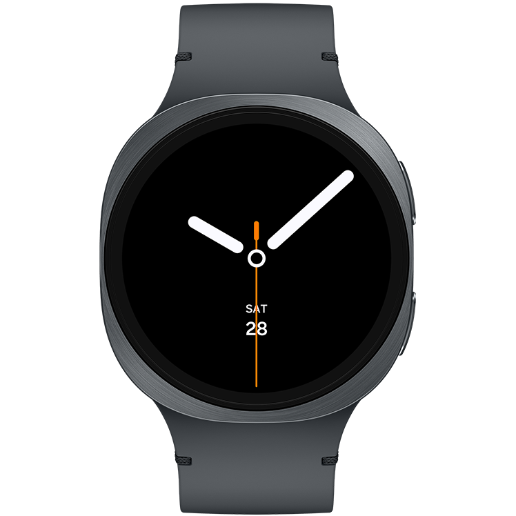 Galaxy Watch8 med mörkgrått armband och rund svart analog urtavla som visar tiden 10:10 och datum.