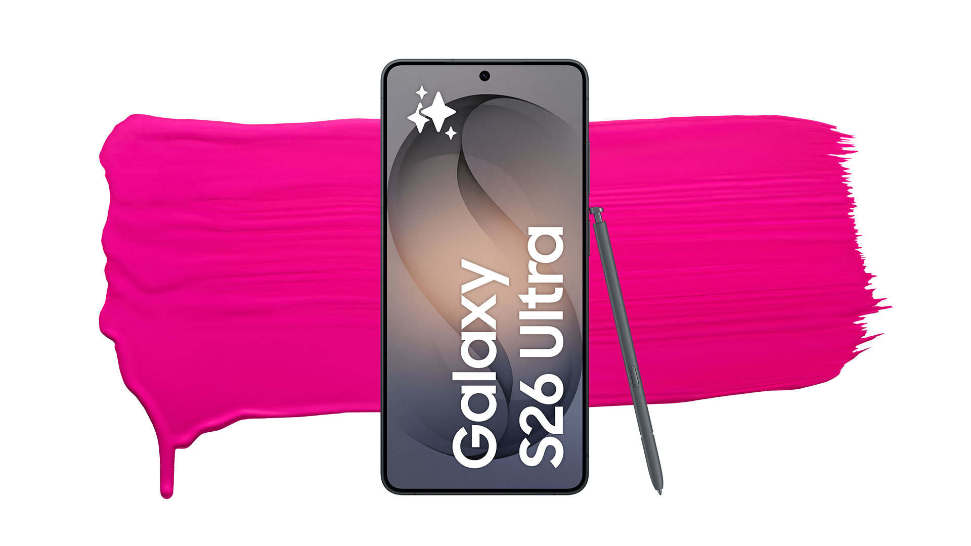 Samsung Galaxy S26 Ultra-smartphone med grå bakgrund och en svart S Pen-penna bredvid