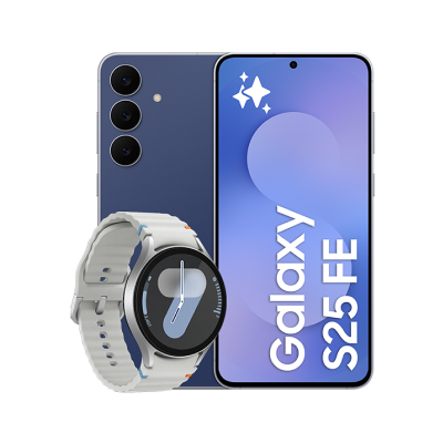 Blå Galaxy S25 FE med tre kameror bredvid en vit smartklocka med rund urtavla.