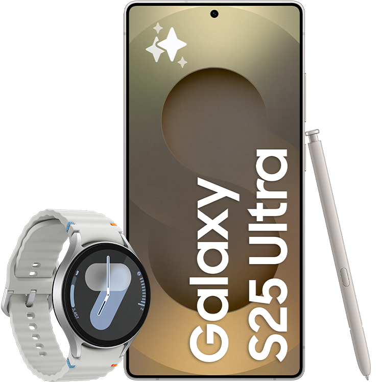 Grå Samsung Galaxy S25 Ultra med text på skärmen, visad tillsammans med en pekpenna och silverfärgad Samsung Galaxy Watch7 med rund urtavla.