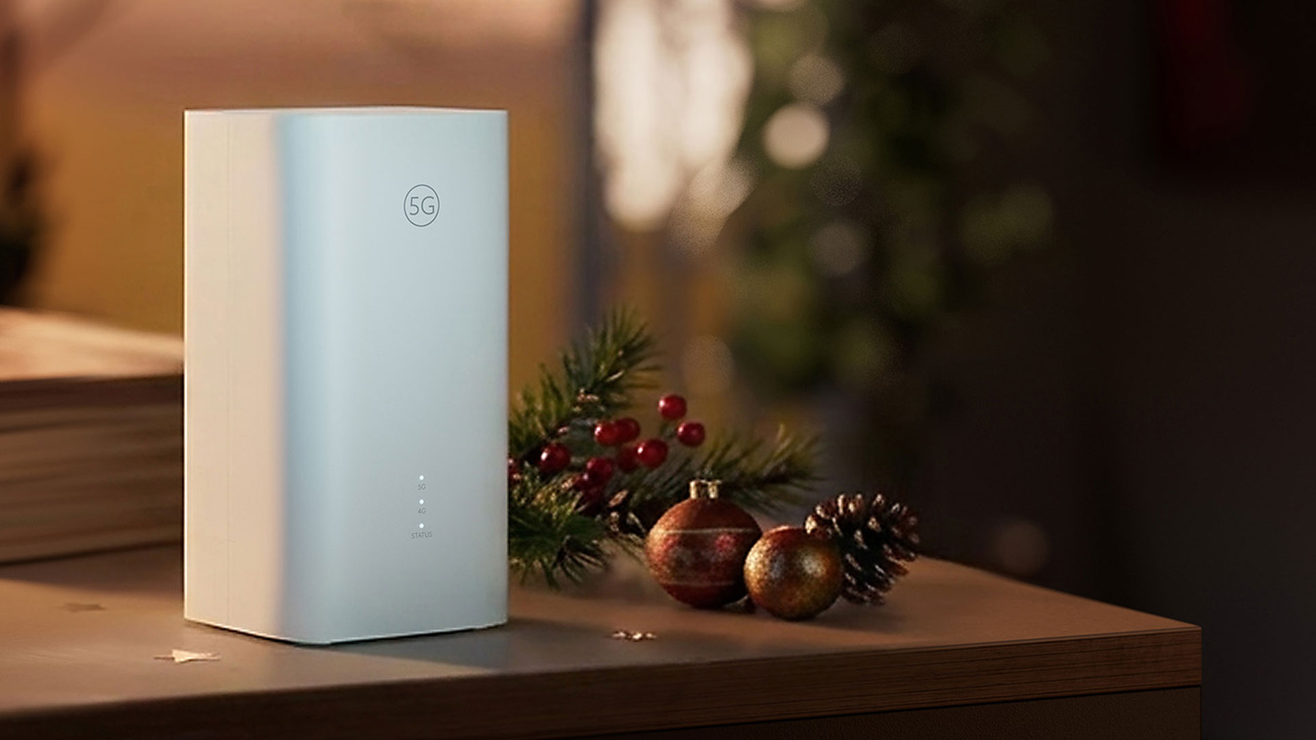 Vit 5G-router med tre små LED-lampor som lyser på framsidan av enheten.