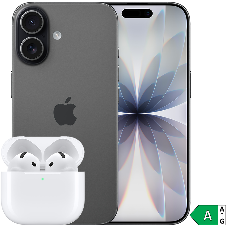 Svart iPhone 16 visad från bak och framsida med blommönster på skärmen, tillsammans med vita Apple AirPods i laddningsfodral.