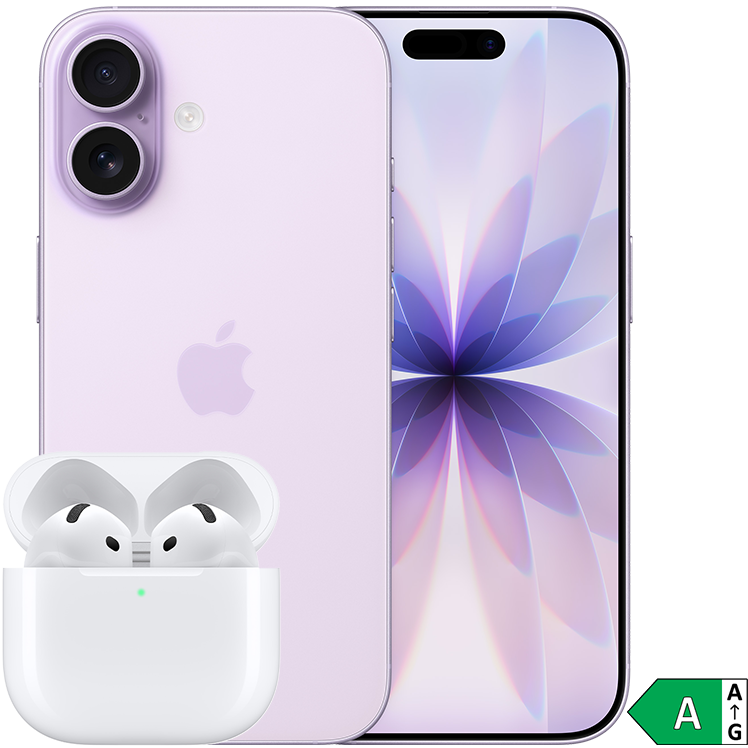 Lila iPhone 16 visad från bak och framsida med blommönster på skärmen, tillsammans med vita Apple AirPods i laddningsfodral.