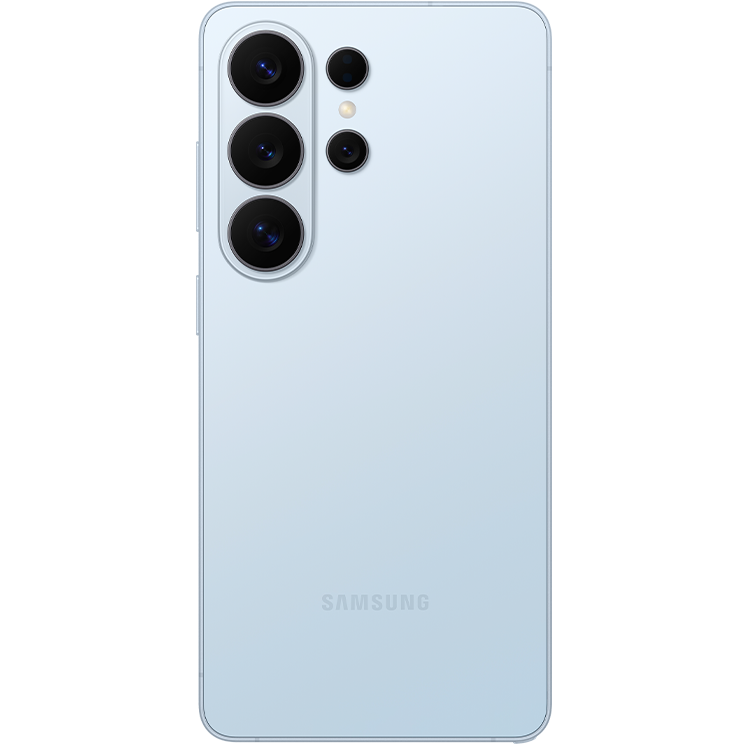 Baksidan av en ljusblå Samsung-smartphone med fem kameror och en blixt placerad bredvid.