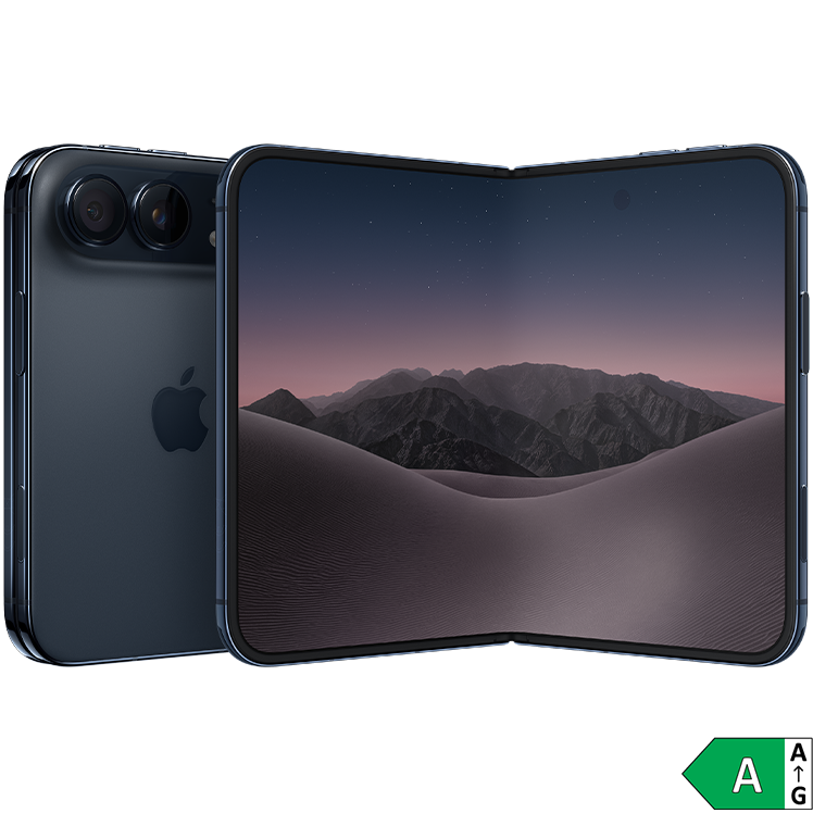 Mörk vikbar iPhone visad framifrån öppen med bergslandskap på skärmen och bakifrån med dubbla kameror.