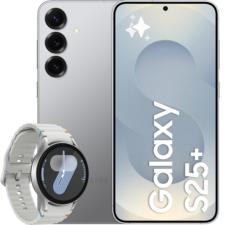 Samsung Galaxy S25+ i silver, visad fram- och bakifrån med tre kameralinser, tillsammans med en silverfärgad Samsung Galaxy Watch7.