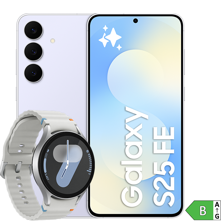 En ljusblå Samsung Galaxy S25 FE med tre kameror visas bredvid en silverfärgad smartklocka med energimärkning B.