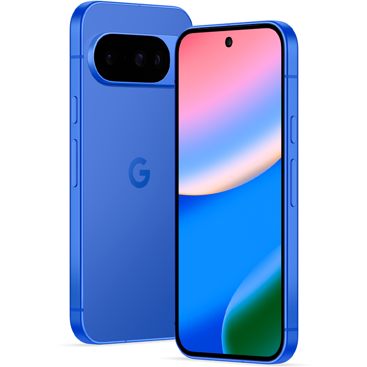 Blå Google Pixel-telefon med färgglad skärm som visar mjuka pastellfärger och en framträdande kameramodul på baksidan.
