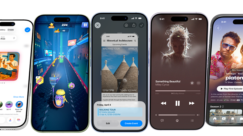 Fem mobiltelefoner som visar olika appar: en appbutik, ett spel, en evenemangskalender, en musikspelare och en streamingapp.