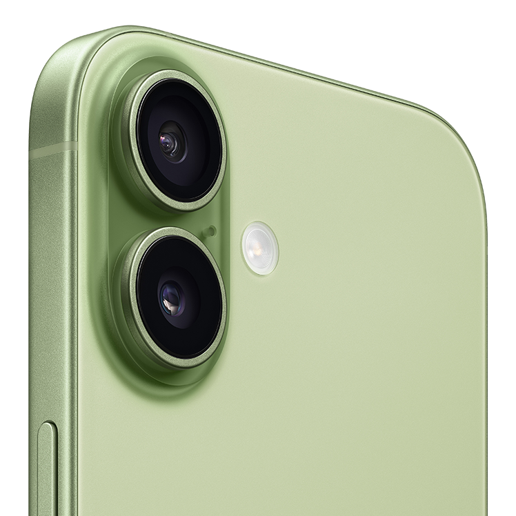 Närbild på en ljusgrön smartphone med dubbla kameralinser och blixt i ett upphöjt kameramodul på baksidan.