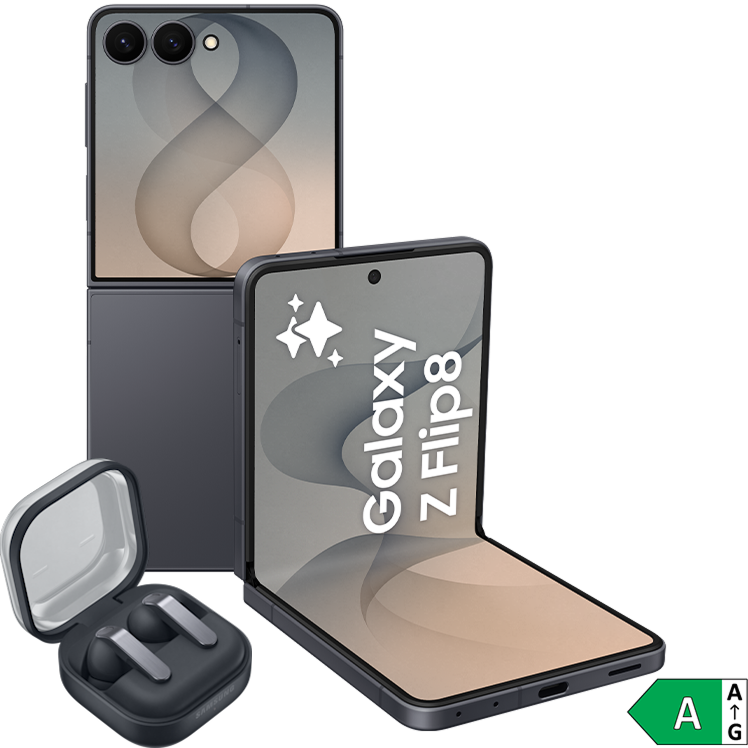Samsung Galaxy Z Flip8 i svart, visad öppen och stängd, med svarta trådlösa hörlurar och energiklass A-märkning.