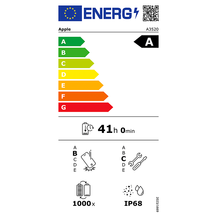 EU-energimärkning för Apple A3520 som visar energiklass A, 41 timmars batteritid och IP68-klassificering.