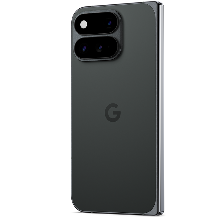 Google Pixel 11 Pro Fold i svart med dubbla kameror på baksidan och Google-logotyp, visad från vinkel.