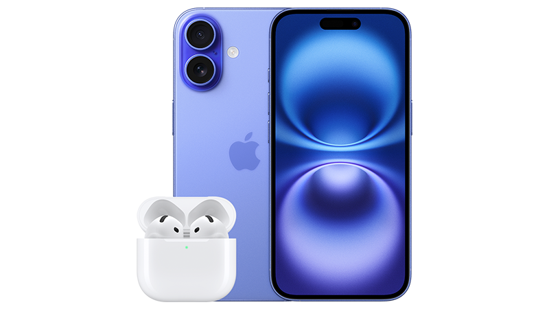 Blå iPhone 16 med AirPods 4 framför