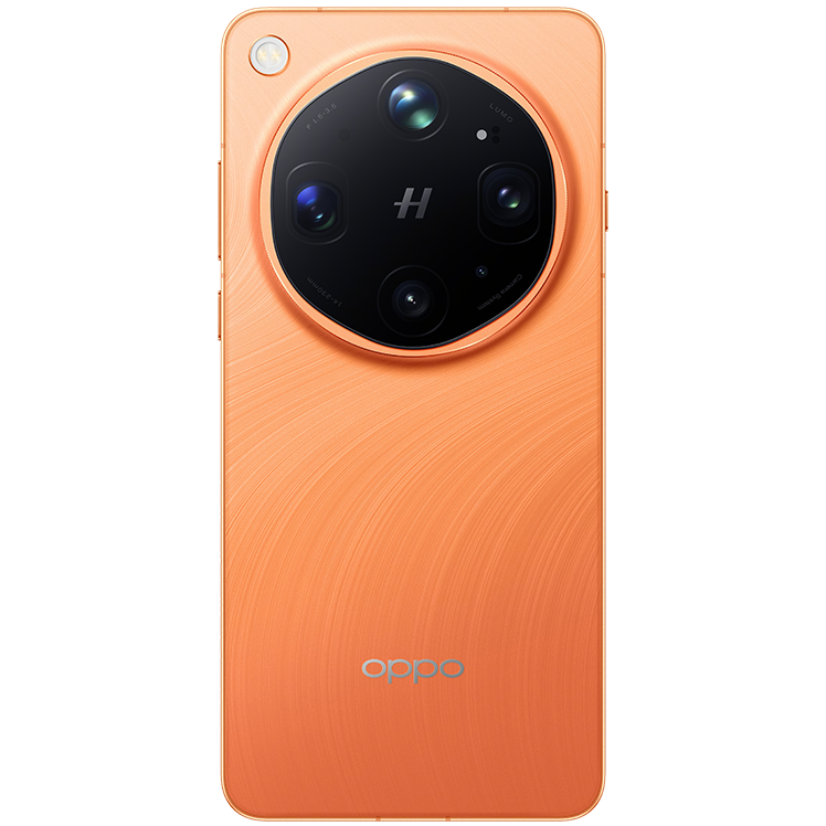 Orange OPPO-smartphone, baksida med stor rund svart kameramodul med fyra linser och Hasselblad-logotyp