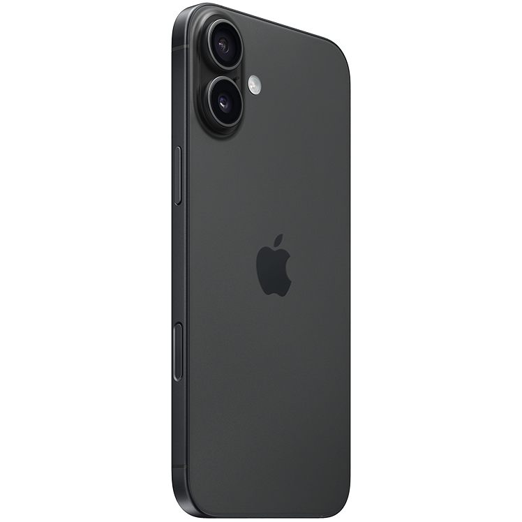 iPhone 16 Plus, svart, sedd i perspektiv bakifrån, dubbelkamera med blixt ovan till vänster på baksidan