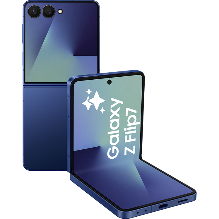 Blå vikbar Samsung Galaxy Z Flip-telefon visad både ihopfälld och uppfälld, med dubbla kameror på baksidan.