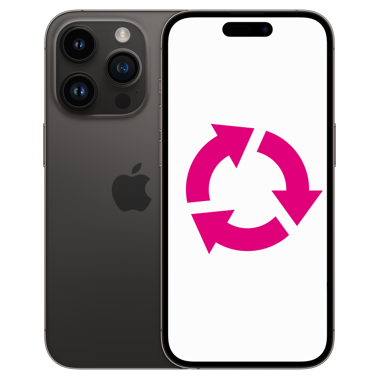 iPhone 14 Pro, svart, framsida och baksida, trippelkamera i övre vänstra hörnet på mobilens baksida. Återvinningssymbol i mitten.