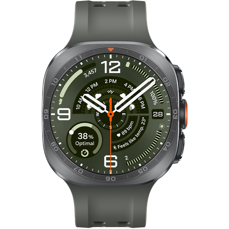 Grå smartwatch med grönt urtavla, orange detaljer, visar tid, pulsmätning och hälsodata på displayen.