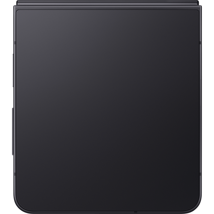 En svart Samsung Galaxy Z Flip7 sedd hopvikt med baksidan synlig med slät yta och mörk metallram.