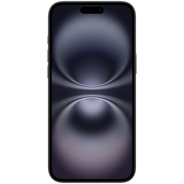 iPhone 16 Plus, svart, framsida, mönstrad skärmbakgrund, utskärning för kamera i övre delen av skärmen