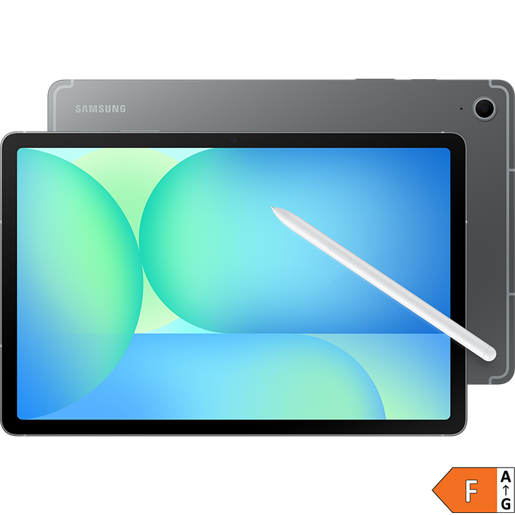 Grå Samsung-surfplatta med penna och blågrönt skärmgränssnitt, visad framifrån och bakifrån med energimärkning F.