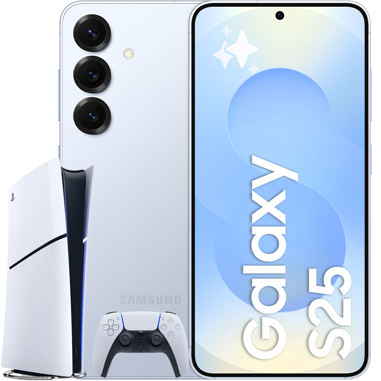 En ljusblå Samsung Galaxy S25 med tre kameror bredvid en PlayStation 5-konsol med handkontroll.